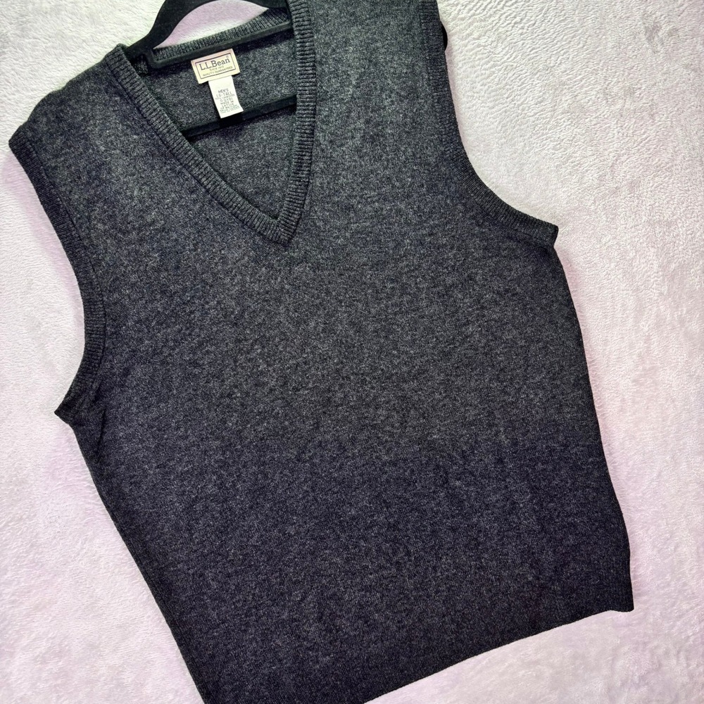 LL Bean Mens Sweater Vest Large Tall Charcoal Gray Lambswool V-Neck 0QY81